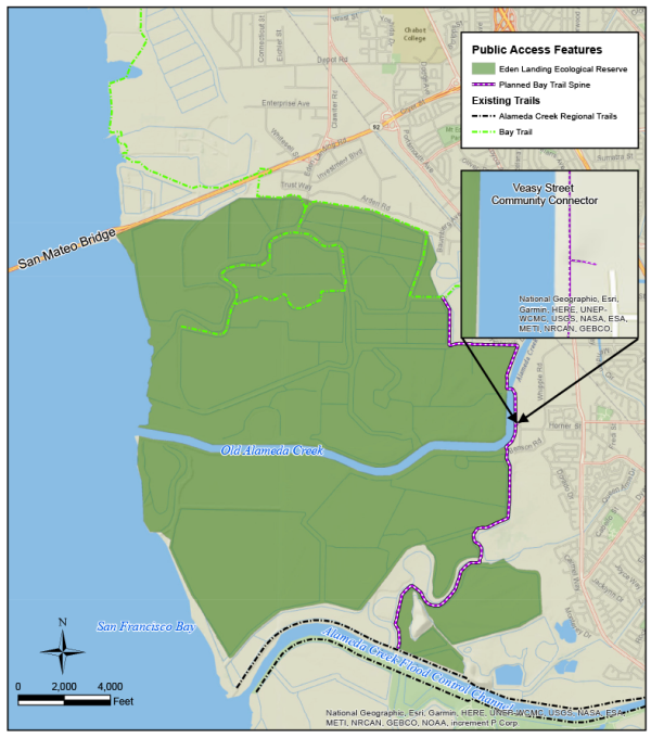 Ruta planificada de Bay Trail hasta la Reserva Ecológica Eden Landing