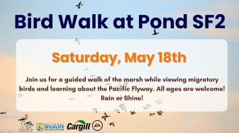 Flyer: Join us for a guided walk of the marsh while viewing migratory birds and learning about the Pacific Flyway. All ages are welcome! Rain or Shine!